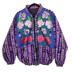 Vintage Floral Southwester Full Zip Emboroidered Bomber Jacket Sz L Art To Wear